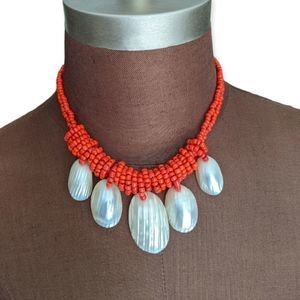 Vintage Red Beaded Statement Necklace with White Shells